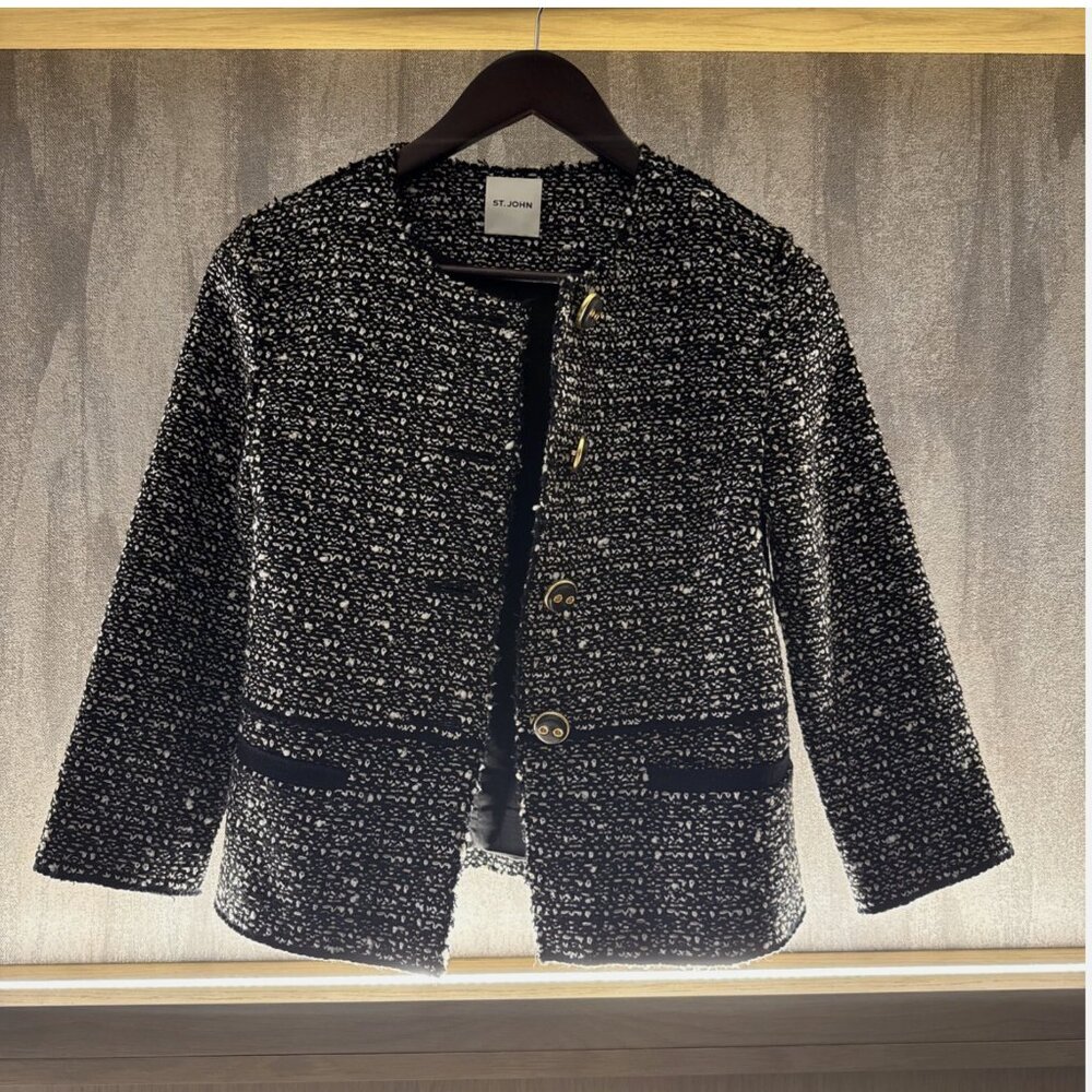 St. John Multi Slub Tweed Knit 3/4-Sleeve Jacket PF23 Black Gold Size 0 $1995